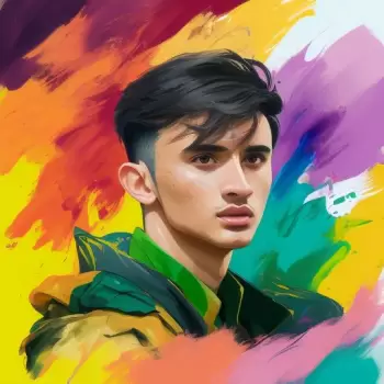 pria, muda, artistik, ekspresif, warna-warni, cerah, abstrak, potret, fantasi, modern, gaya, unik, rambut hitam, mata gelap, wajah tampan, jaket, hijau, kuning, oranye, ungu, merah muda, latar belakang, lukisan, cat air, sapuan kuas, tekstur, detail, seni digital, ilustrasi