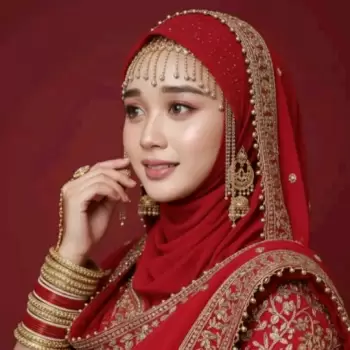 wanita, muslim, hijab, merah, pengantin, india, tradisional, perhiasan, emas, anting, gelang, cincin, wajah, cantik, anggun, budaya, pernikahan, perayaan, acara, istimewa, detail, aksesori, dahi, manik-manik, sulam, pakaian, pakaian adat, keanggunan, keindahan, etnik