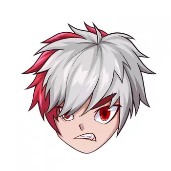 avatar, karakter, kartun, animasi, wajah, pria, anime, game, ikon, logo, digital art, seni digital, ilustrasi, gambar, ekspresi, marah, menantang, tatapan, mata merah, rambut, putih, merah, gaya, punk, keren, unik, bergaya, agresif, muda, kreatif